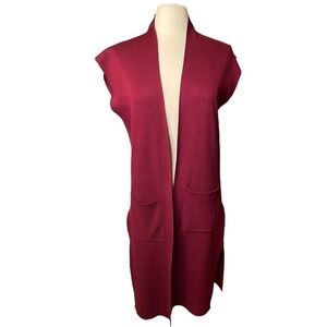 Joan Vass Duster Maxi Cardigan Sweater Open Front Pockets Duster Small Maroon